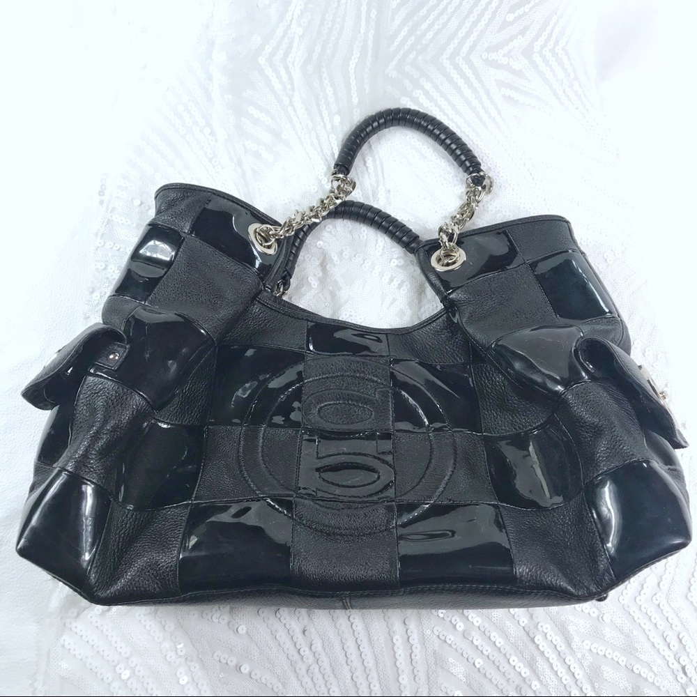 Bebe leather checkerboard patent mix satchel